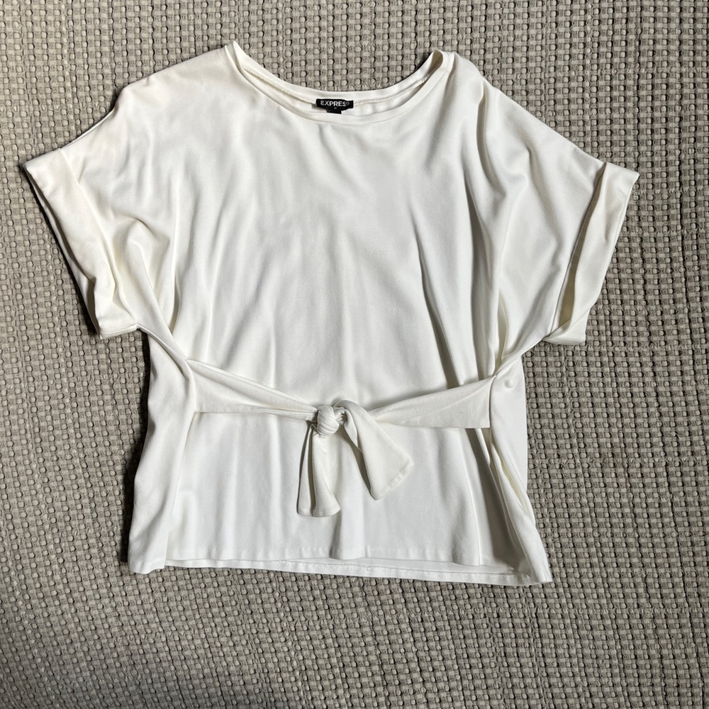 Express White Short Sleeve Top with Knot Detail